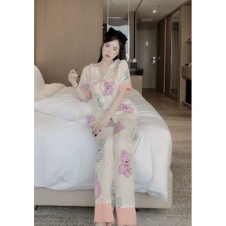 BỘ PIJAMA LỤA MANGO CỔ NHỌN PHỐI BÈO FREESIZE DƯỚI 60KG