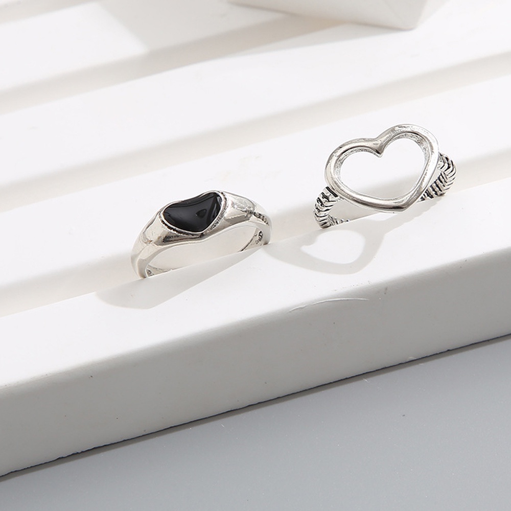 Set 2 Nhẫn Hở Mạ Bạc Hình Trái Tim Phong Cách Cổ Điển Màu Đen Có Thể Điều Chỉnh Làm Quà Tặng Cho Nữ