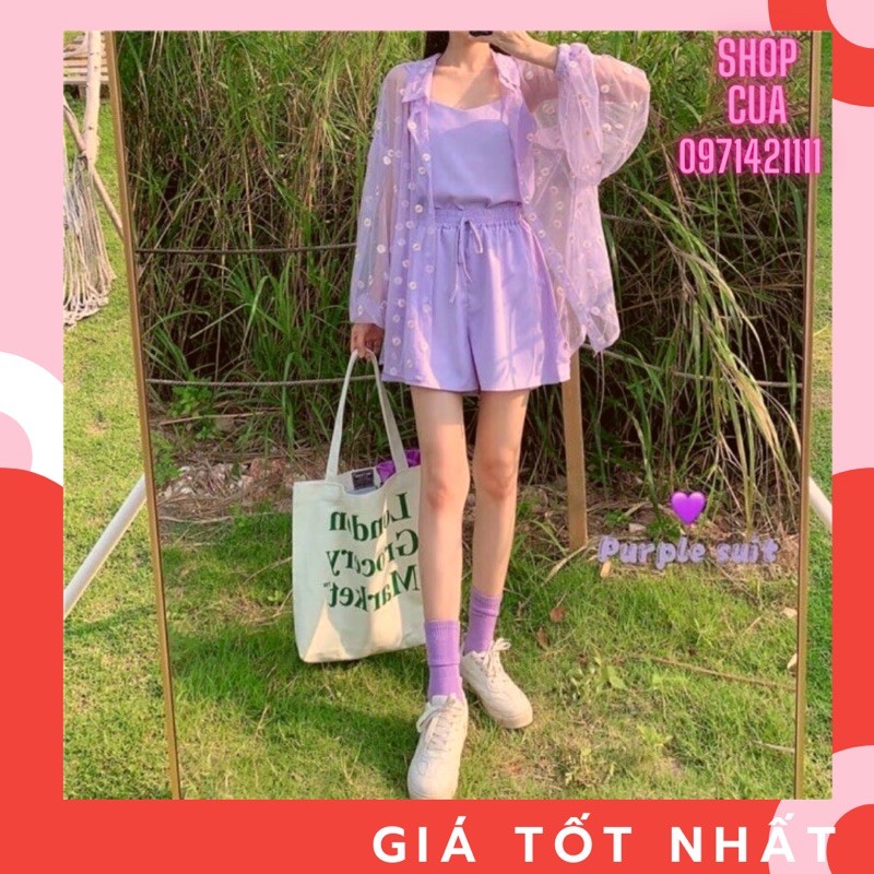 Set 3 Chi Tiết Áo 2 dây+ quần + sơ mi Voan cực xinh