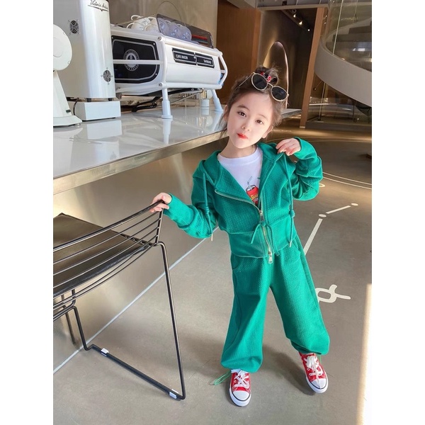 Set bộ bé gái mũ khoá 2 màu trơn