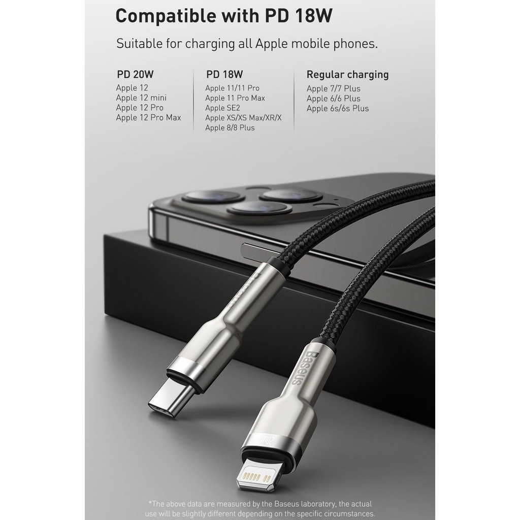 Cáp sạc Baseus Metal Data Cable Type-C to Lightning, sạc nhanh PD 20W, truyền dữ liệu tốc độ cao 480Mbps, dài 25cm/100cm