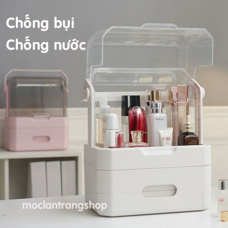 Tủ kệ đựng mỹ phẩm đồ trang điểm nhiều ngăn kéo có nắp kính chống bụi chống nước, hộp để đồ trang điểm cỡ lớn xinh xắn