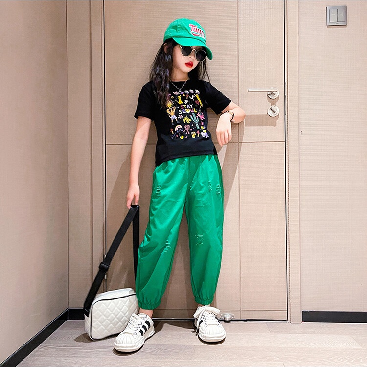 Set Áo Thun Tay Ngắn & Quần Short Rách Gối Cho Bé Gái 170