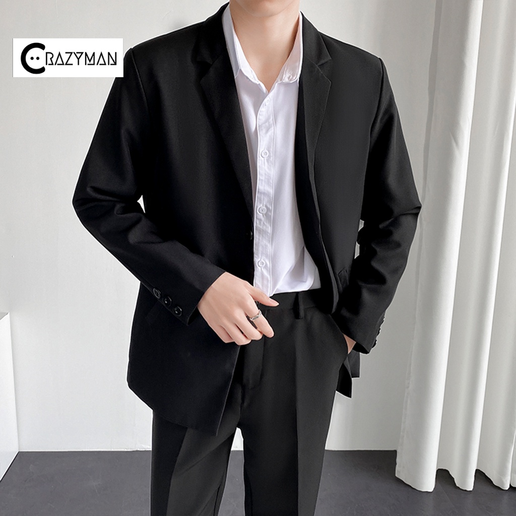 Áo blazer nam form rộng, Áo khoác blazer nam dài tay dáng unisex màu đen nâu phong cách Hàn Quốc | BigBuy360 - bigbuy360.vn