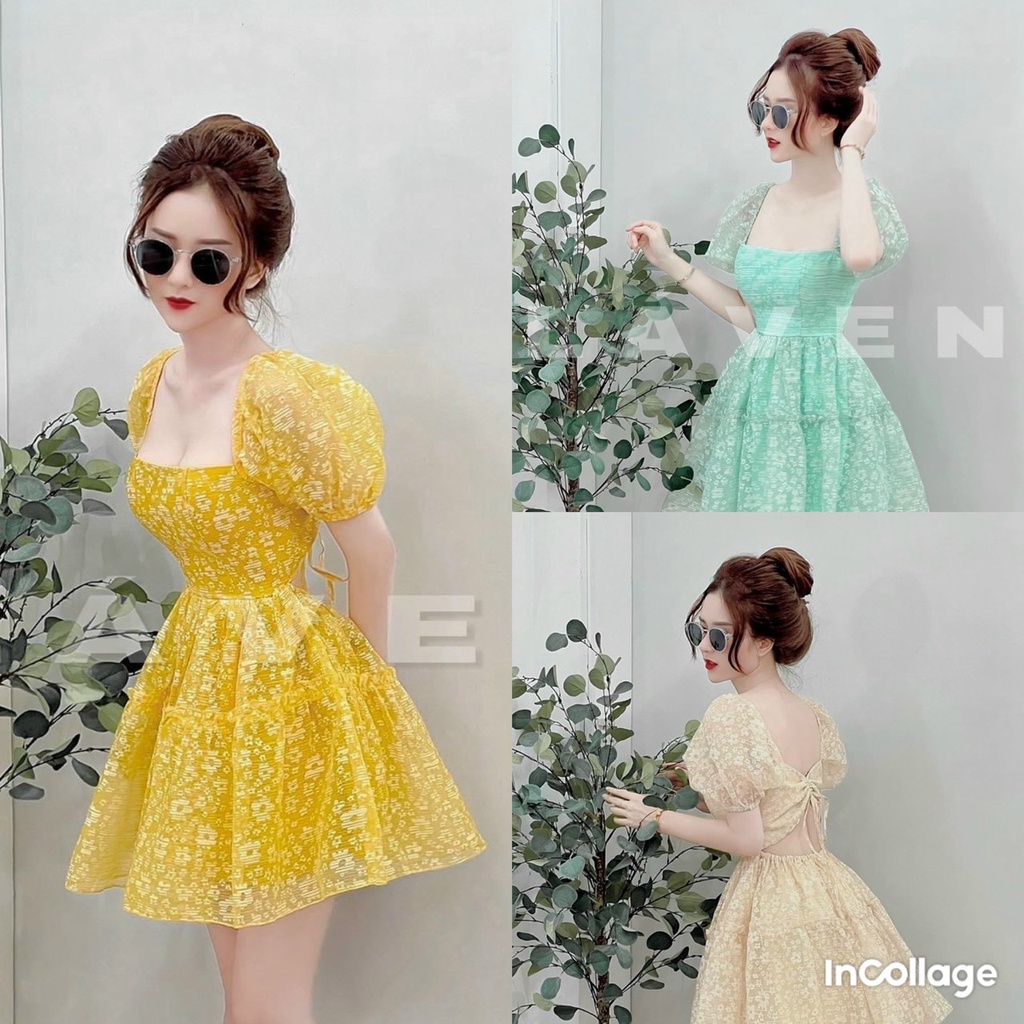 Đầm váy nữ ren hoa dáng xòe cổ vuông họa tiết ( có mút ngực )  tôn dáng trẻ trung sang trọng thanh lịch siêu xinh