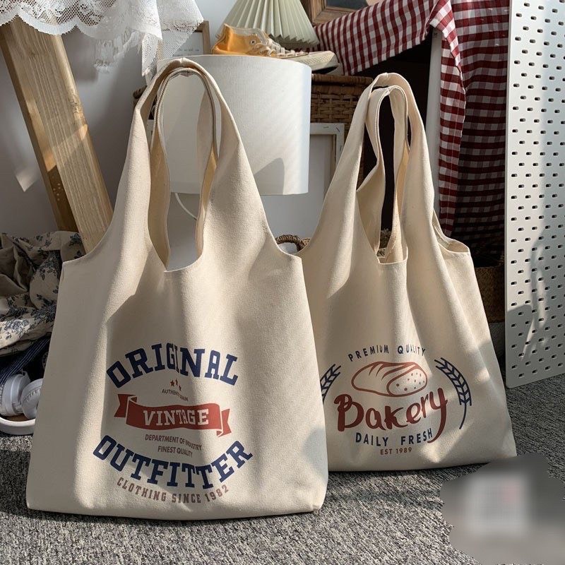 Túi tote vải canvas Bag.Thanhthu phong cách Nhật Bản dáng liền thân quai tròn hoạ tiết bánh mì 555