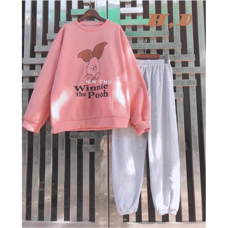 bộ nỉ hồng áo lợn nơ tai đỏ winnie quần bom chun gấu màu trắng