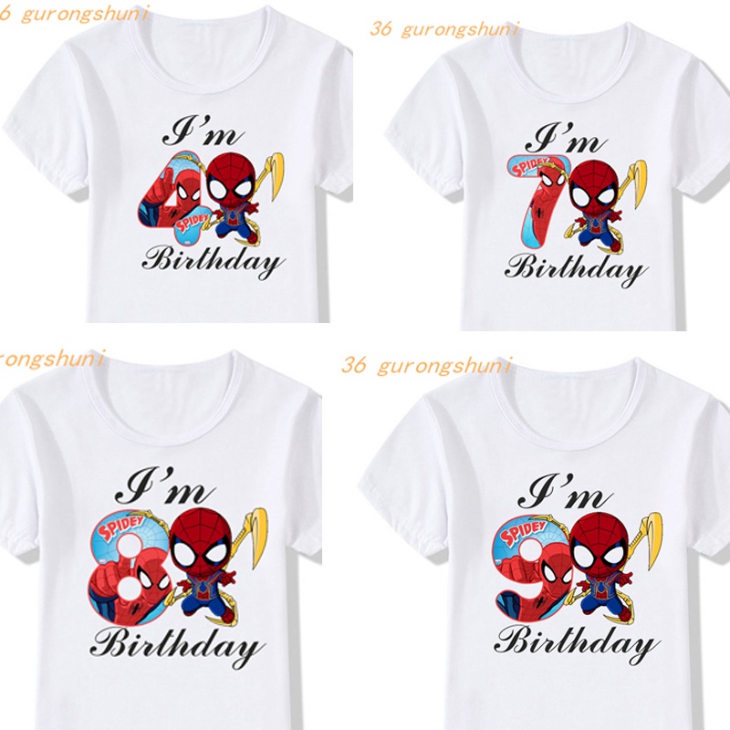 Áo thun trẻ em💖Áo cotton mát mịn họa tiết hoạt hình Spider Man Birthday cho bé trai và bé gái từ 3-9 tuổi