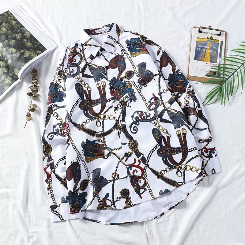 European and American style printed long-sleeved shirt for men