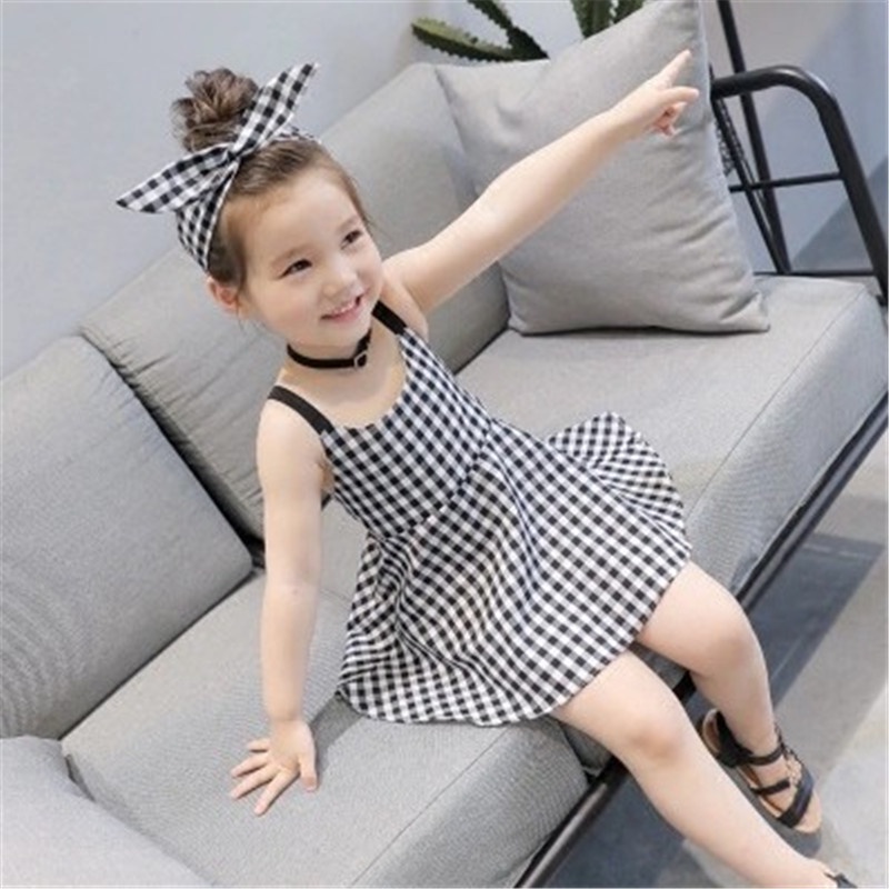 Đầm Hai Dây Hở Vai Họa Tiết Sọc Caro Phong Cách Mới Dành Cho Bé Gái [1-8 Tuổi]