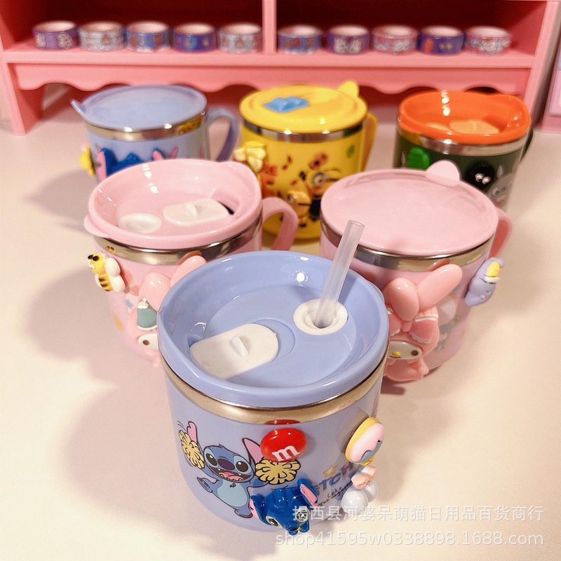 Cốc Uống Nước Bằng Thép Không Gỉ 304 Họa Tiết Hoạt Hình Hello Kitty Doremon Melody NS3