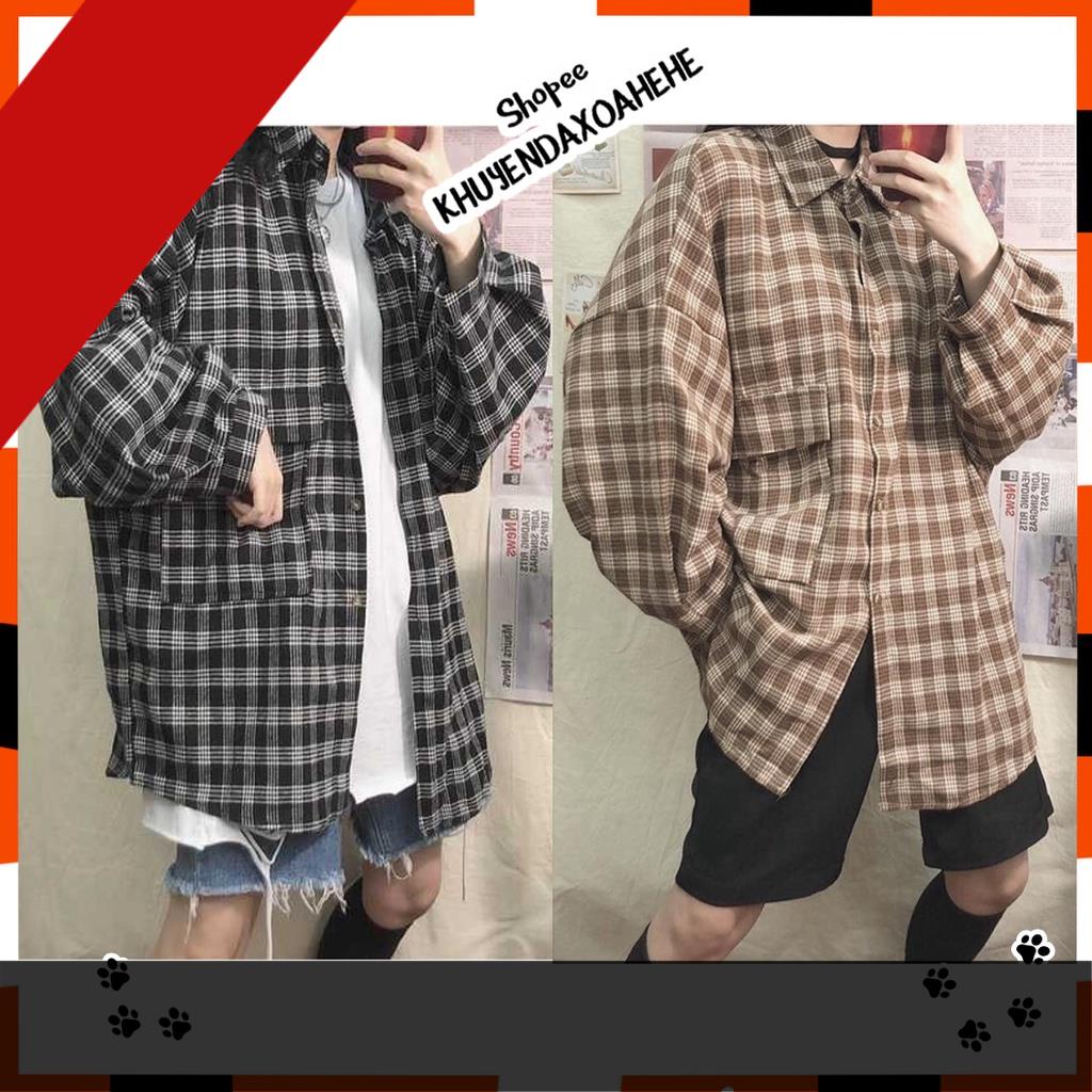 A011 Áo sơ mi kẻ caro oversize nam nữ vintage dài tay ulzzang, áo khoác chống nắng form rộng tay phồng H