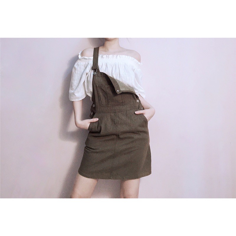 Yếm đầm kaki jean nâu bò cài nút