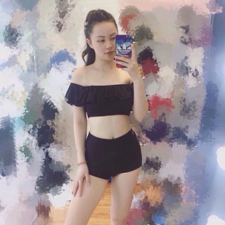 Bikini áo bơi bèo rơi vai đen + đùi cao đen