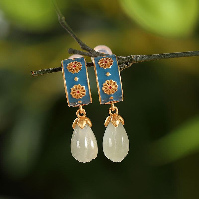 [Gufeng jade, orchid Earrings] 6by-2021 original S925 pure silver gilded oil dripping Hotan jade Gufeng creative high-end personality yulanhua earrings earrings for women