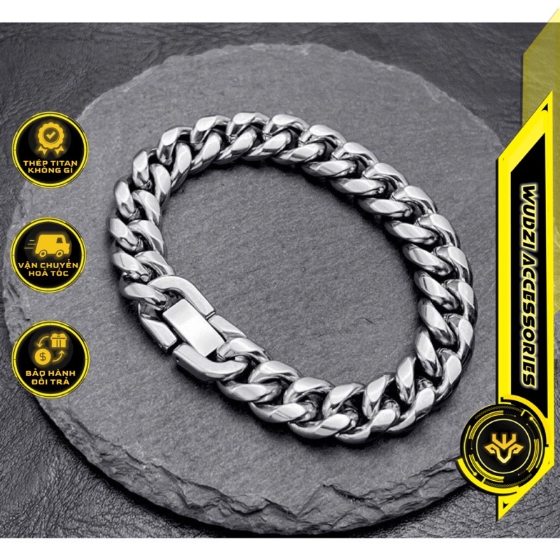 Vòng tay nam titan mắt xích Cuban 11mm không gỉ chốt bấm kiểu dáng Unisex thiết kế đơn giản phong cách Hiphop Hàn Quốc