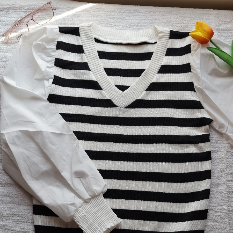 Áo len nữ kiểu Hàn Quốc dài tay cổ tim phối tay bồng sơ mi 3 màu xinh xắn | BigBuy360 - bigbuy360.vn