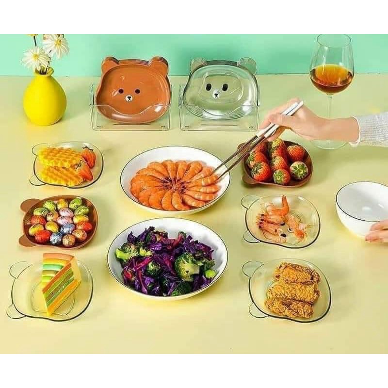 Combo 8 KHAY GẤU nhựa nâu và trong Kèm khay đựng đồ ăn tiện lợi