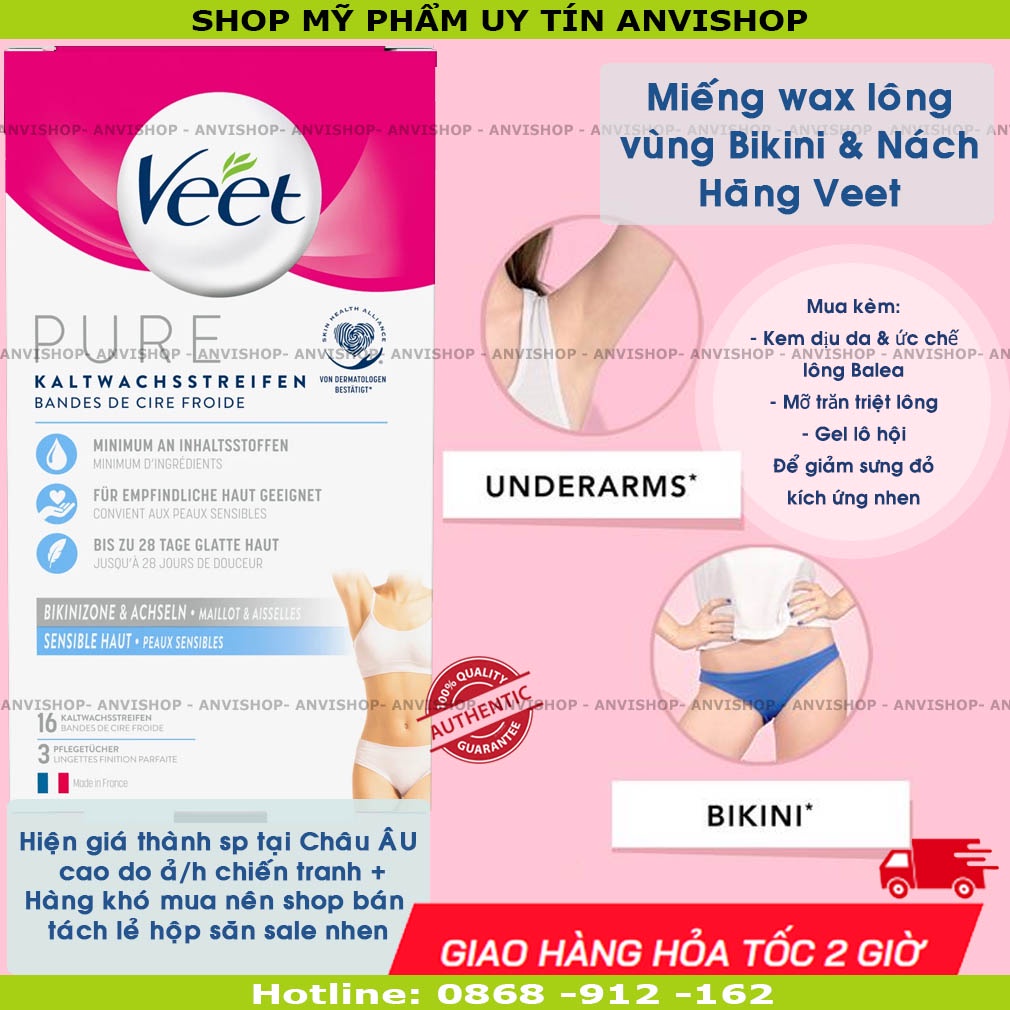 Miếng dán tẩy lông vùng kín VEET dùng cho cơ thể / bikini / nách ANVISHOP VEET Wax trips (veet bikini)