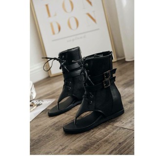 Giày boots xỏ ngón 2 khóa đế độn cổ lửng(B01)