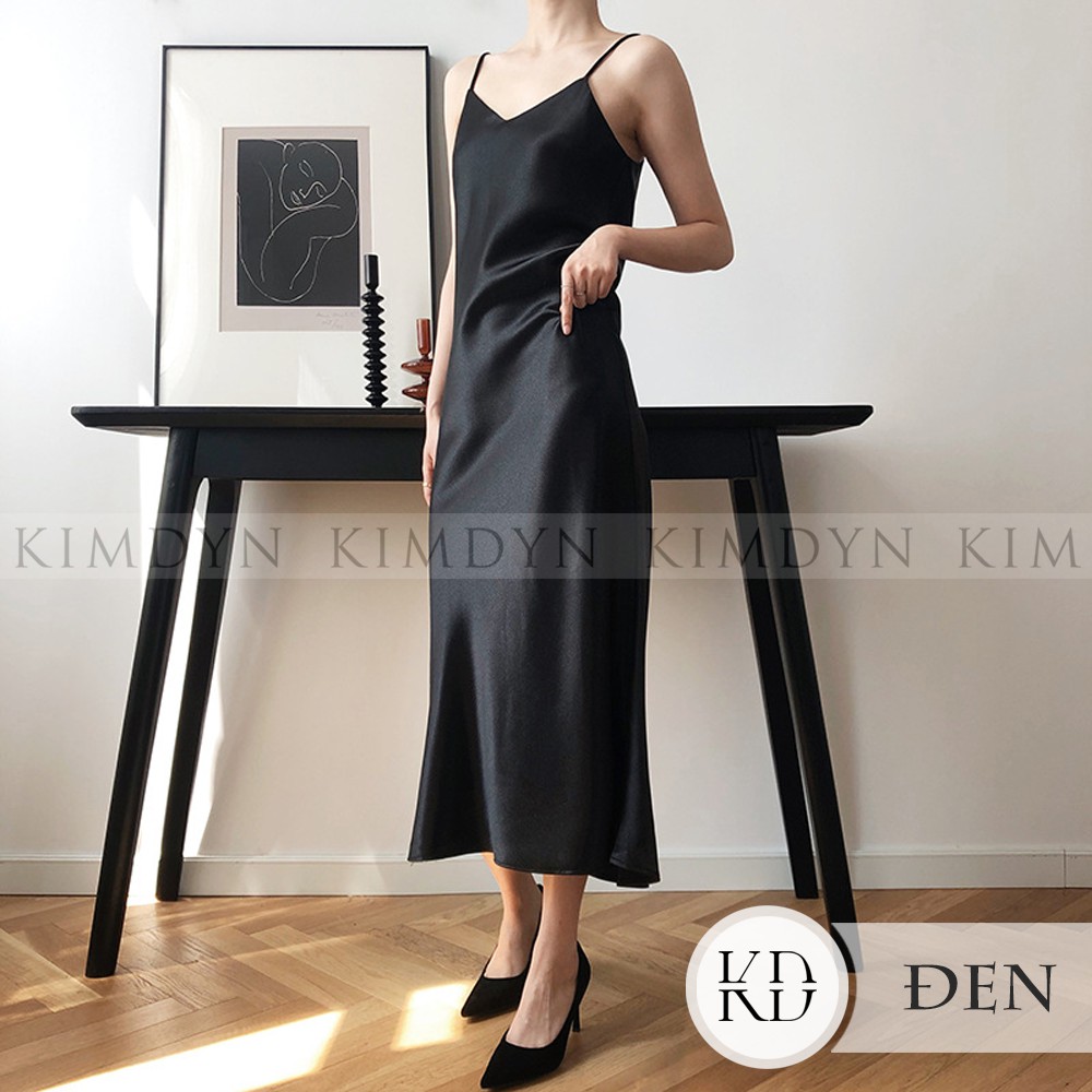 Đầm hai dây lụa satin dày dặn 2 lớp dáng A sang trọng