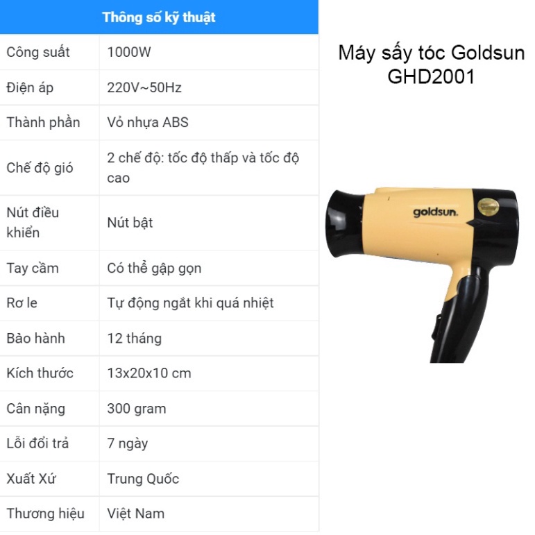 Máy Sấy Tóc,  Máy sấy tóc Goldsun GHD2001 siêu bền - sấy mạnh – nhanh khô – Bảo hành 12 tháng