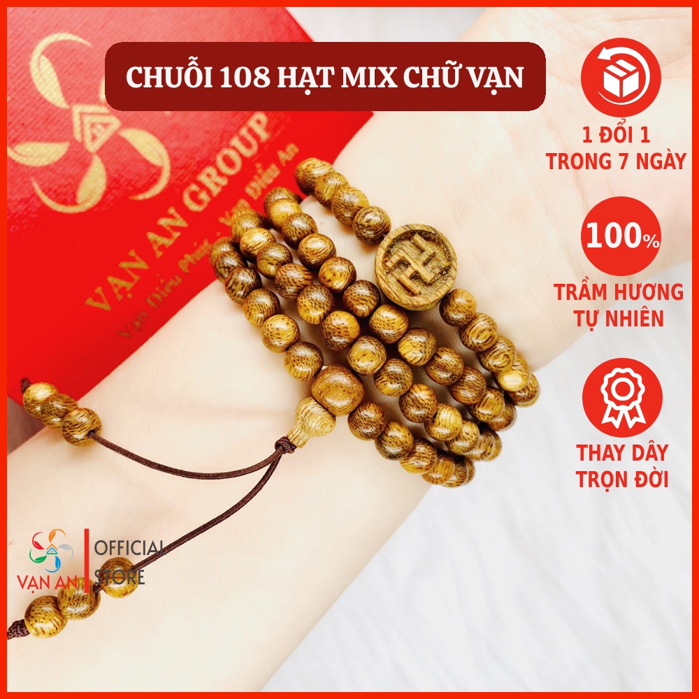 Chuỗi 108 hạt trầm hương mix charm chữ Vạn, vòng tay phong thủy trầm hương tự nhiên VẠN AN Group may mắn, bình an