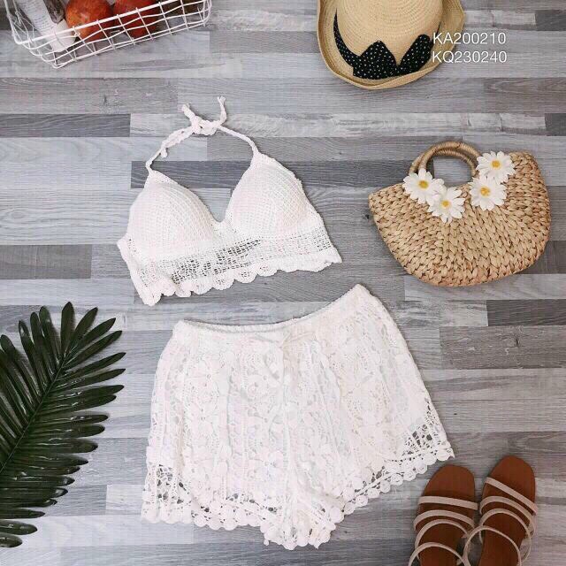 Áo choàng kimono lưới dài đi biển - Set bikini dài 3 món