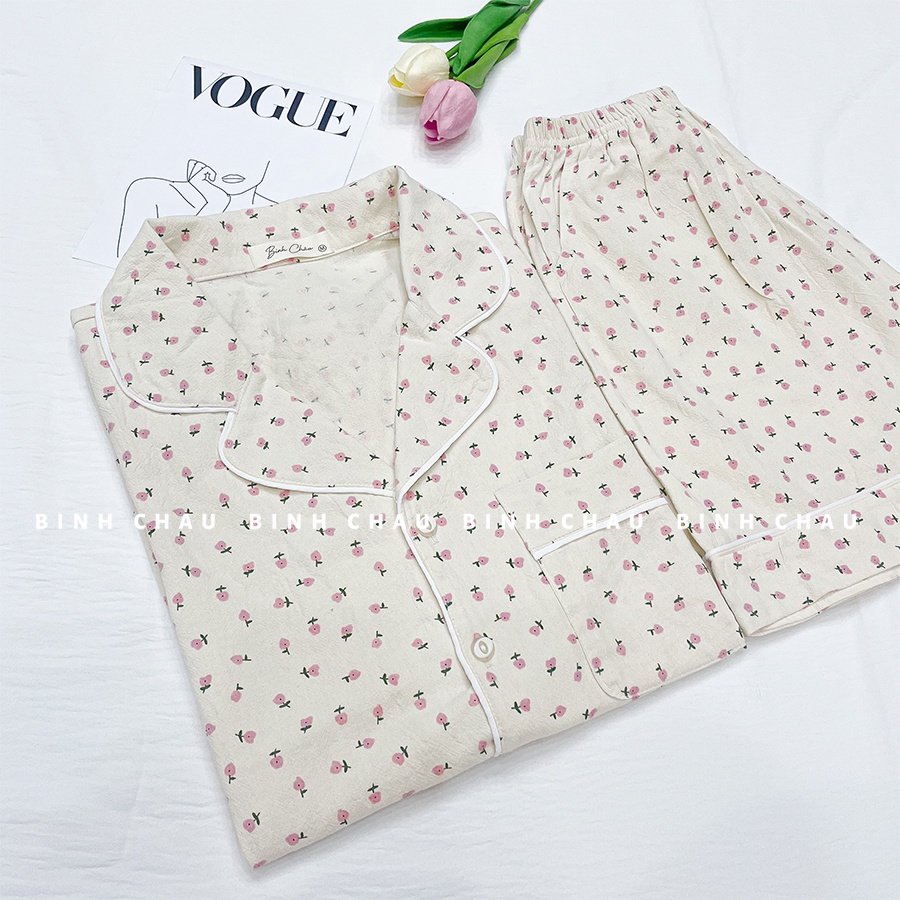 Bộ đồ ngủ tay ngắn hoa hồng nhí BÌNH CHÂU chất thô đũi cara mát mịn phong cách hàn quốc - Bình Châu Sleepwear Clothing