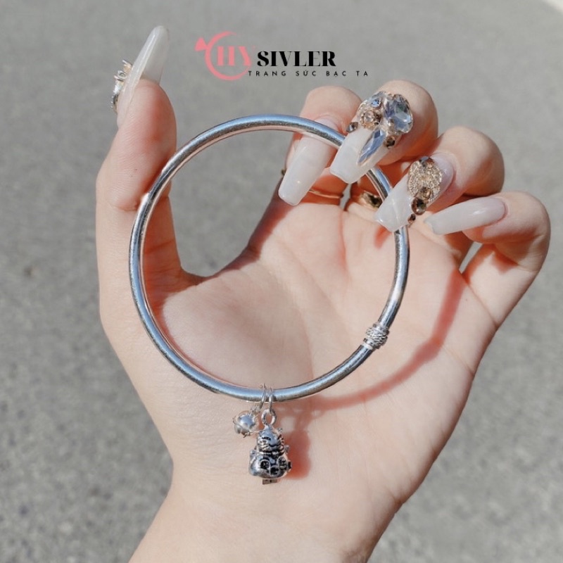 Kiềng tay bạc ta charm mèo thần tài mix chuông dễ thương kiềng tay lắc tay bạc nữ dày dặn