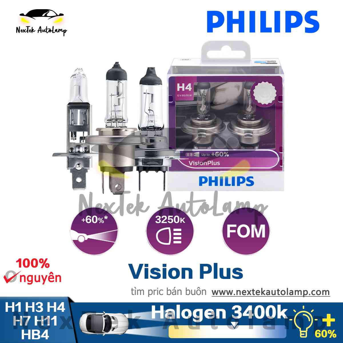 Philips Vision Plus H1 H3 H4 H7 H11 HB4 9006 Độ sáng Halogen + 60% Đèn pha ô tô Chùm tia thấp Đèn pha Vàng 3250K