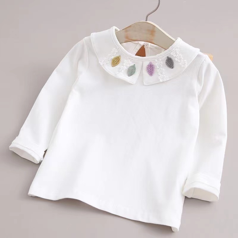 Áo Sơ Mi Trắng Tay Dài Cổ Búp Bê Cho Bé Gái Quần Áo Trẻ Em