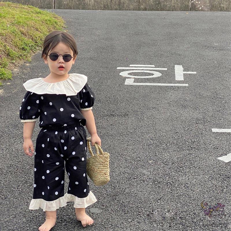 Bộ Áo Thun Tay Ngắn Phối Ren Họa Tiết Chấm Bi + Quần Dài Kiểu Hàn Quốc Thời Trang Mùa Hè Cho Bé Gái