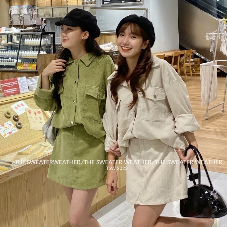 Set áo sơ mi nhung tăm dài tay chân váy chữ A lưng cao có quần trong oversize phom rộng đi chơi hàn quốc Ylydress C1089