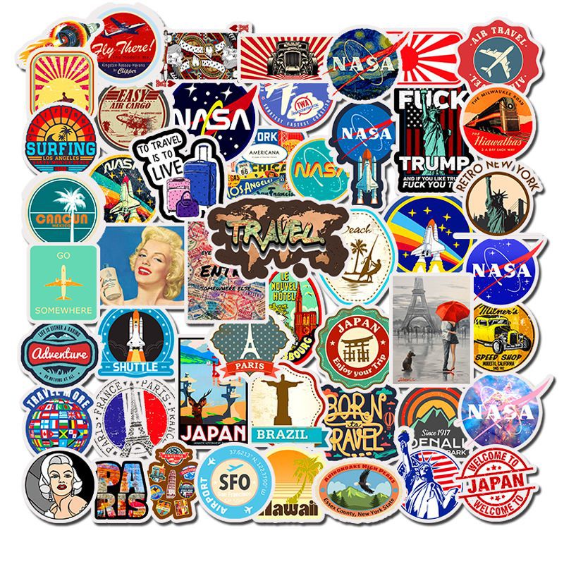 Bộ 50 Sticker dán Macbook, Vali, Mũ bảo hiểm, Điện thoại, Laptop chủ đề du lịch thế giới Travel Word