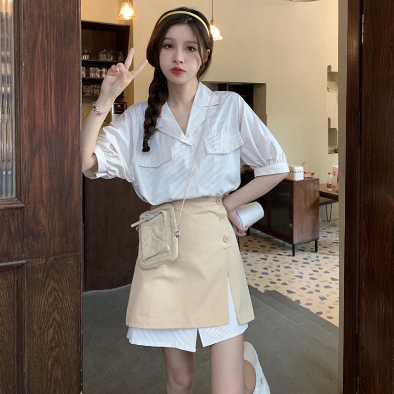 Set Áo Sơ Mi Tay Ngắn Dáng Rộng Kẻ Sọc + Chân Váy Đen Mini Size S-3Xl Thời Trang Mùa Hè Cho Nữ | BigBuy360 - bigbuy360.vn