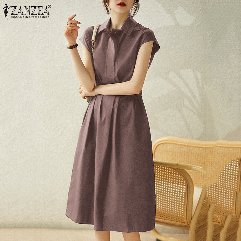 Đầm midi ZANZEA ngắn tay cổ bẻ phối thắt lưng có thể tháo rời thanh lịch thời trang cho nữ