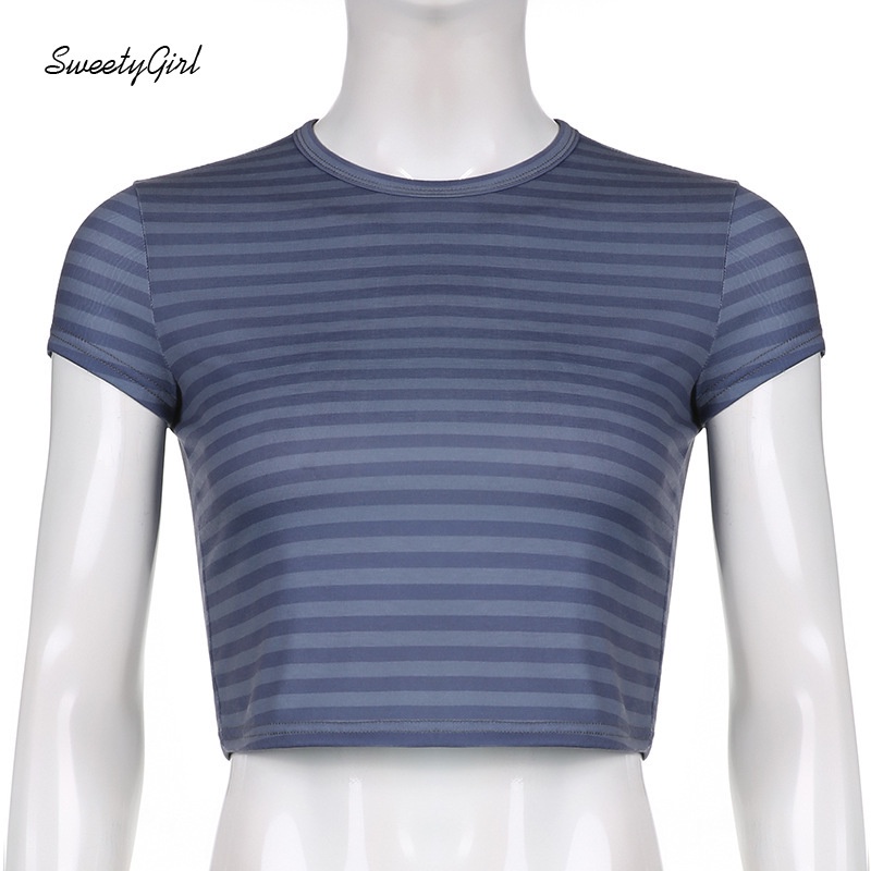 Áo Thun Crop Top Tay Ngắn Cổ Tròn Họa Tiết Kẻ Sọc Thời Trang 2022 Quyến Rũ Cho Nữ