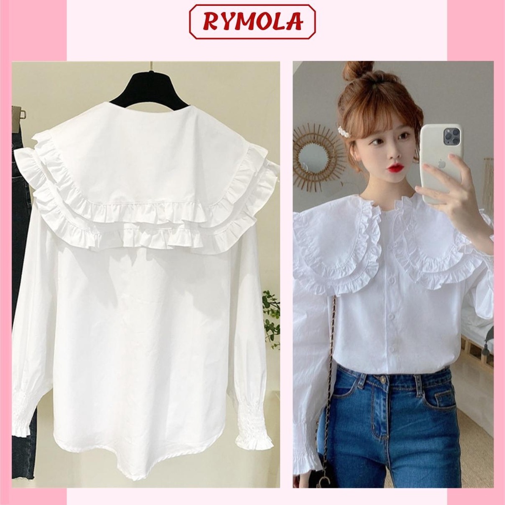 Áo Sơ Mi Trắng Nữ Cổ Bèo MOLA Tay Phồng Tiểu Thư Tay Bo Chun Phong Cách Hàn Quốc Vintage A5