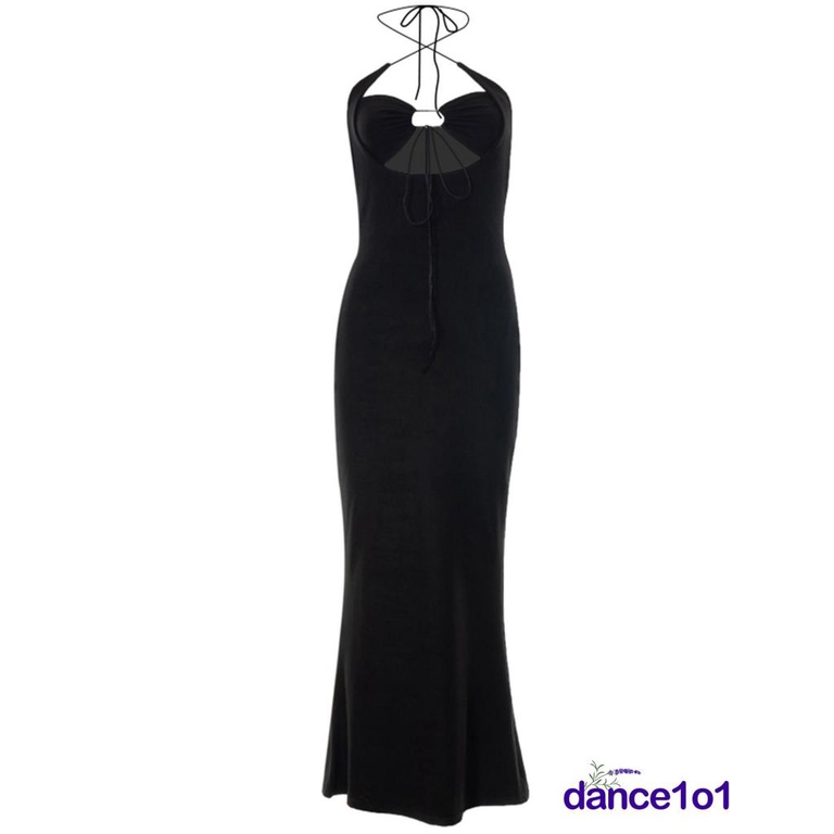 ✿CI✲Women Slim-fit Tie-up Sleeveless Solid Color Cutout Long Dress