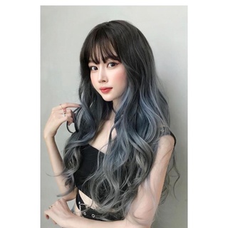 Tóc cả đầu omber xanh khói. Tóc giả nguyên đầu xoăn sóng dợn màu omber hot nhất