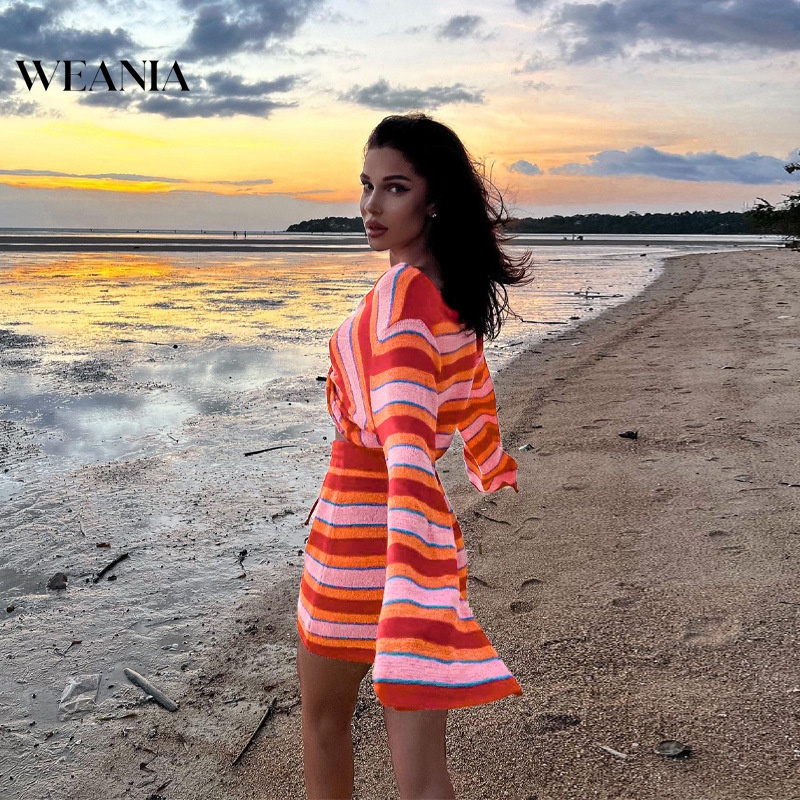 Bộ Áo Sweater Dệt Kim Kẻ Sọc Phối Chân Váy 2 Món Thời Trang Cho Nữ