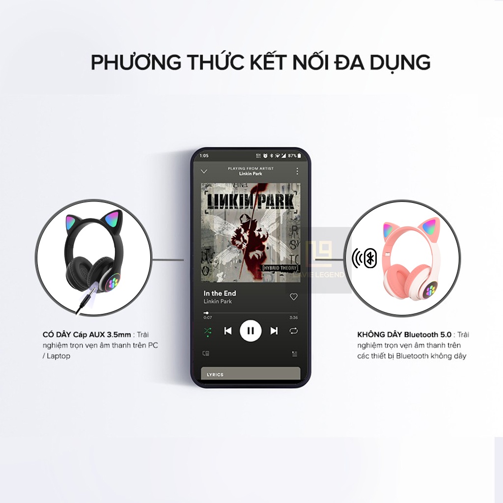 Tai nghe bluetooth tai mèo có mic Headphone tai mèo dễ thương, âm bass mạnh mẽ, dung lượng pin khủng -BH 12T