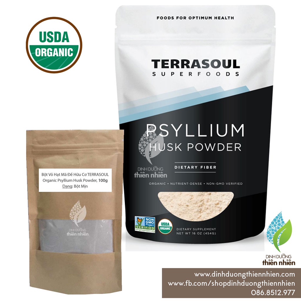 Bột Vỏ Hạt Mã Đề Terrasoul Organic Psyllium Husk Powder 100g, DẠNG BỘT MỊN