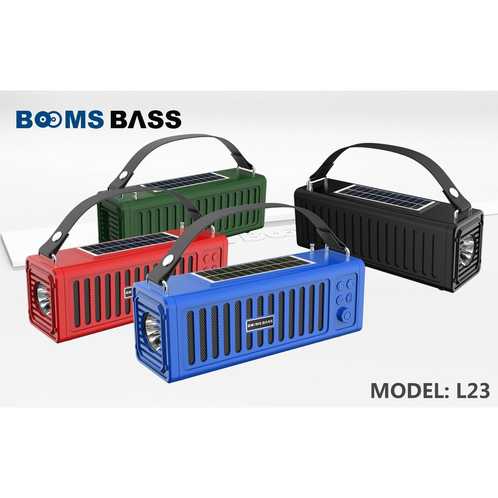 Loa Bluetooth BOOMBASS L23, sạc pin mặt trời, bass siêu trầm, hỗ trợ USB, Thẻ nhớ, ăng ten, đài FM và Đèn pin