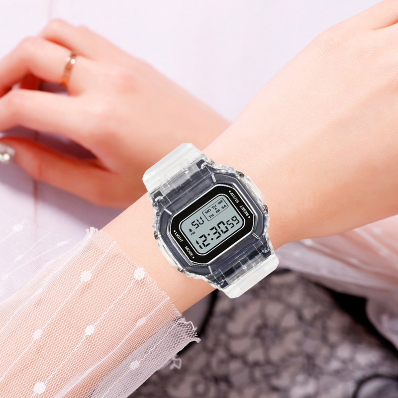 Đồng hồ điện tử đeo tay mặt vuông nhỏ trong suốt chống thấm nước cho nam và nữ
