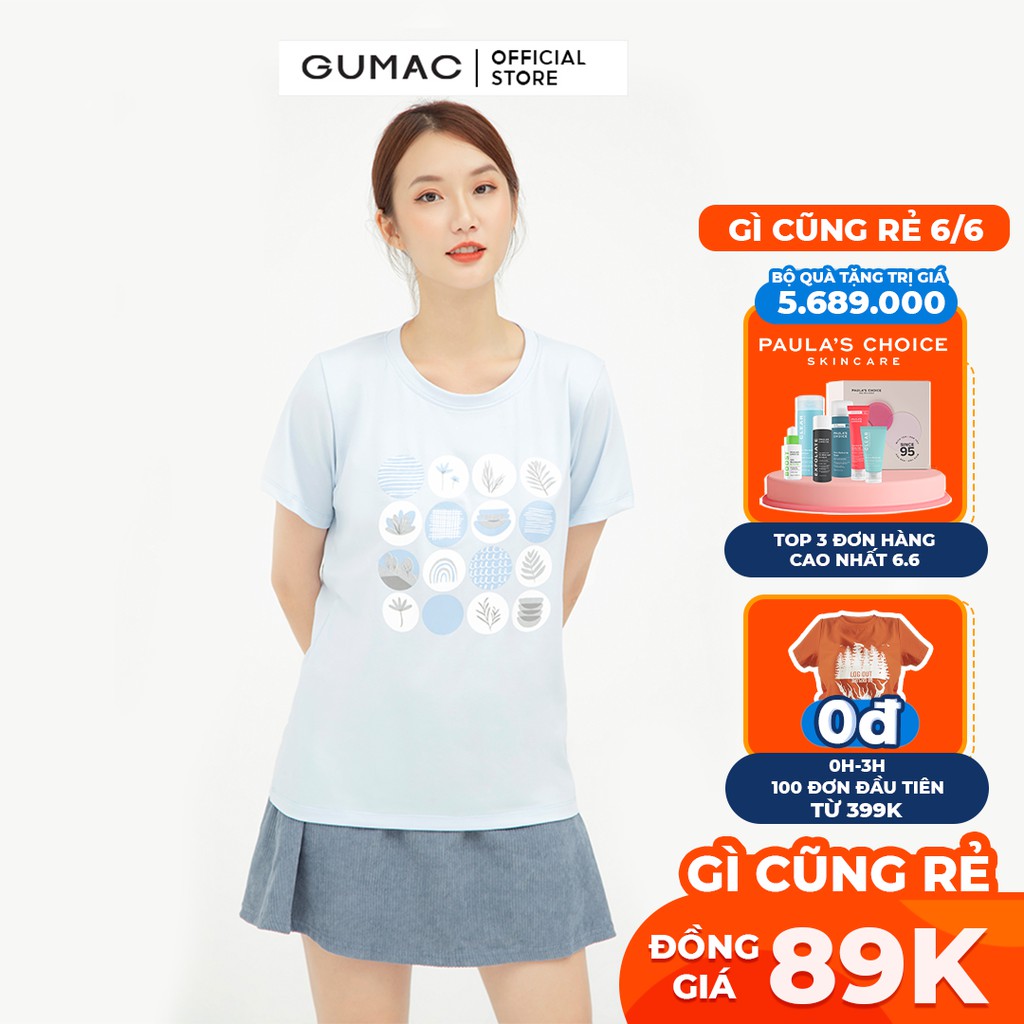 Áo thun nữ basic in họa tiết, tay ngắn màu xanh GUMAC ATB554