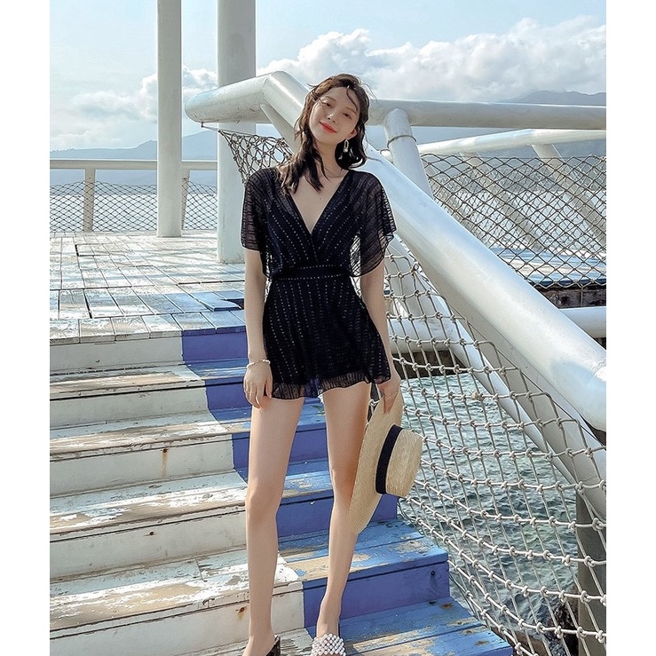 Bộ đồ bơi nữ dáng váy có quần đùi trong phối lưới ren mềm rủ siêu đẹp