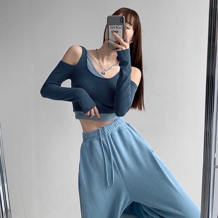 Áo Kiểu Tay Dài Hở Vai Giả Hai Lớp Màu Sắc Tương Phản Thời Trang Dành Cho Nữ