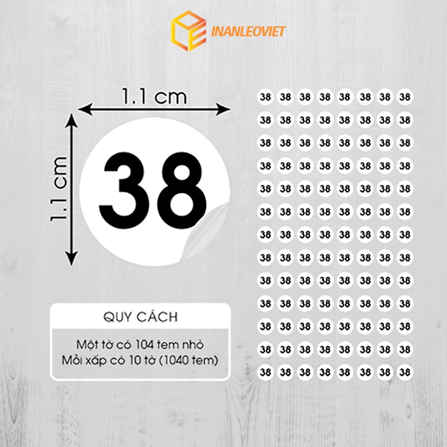 Nhãn Decal giấy In sẵn số Size 34 tới 43 kích thước 1.1cm chỉ cần gỡ và dán size quần, giày, dép 1 tờ 104 nhãn